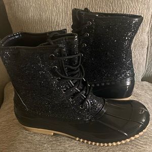 Glitter Sparkle Duck Shoes Boots Rain Snow Lace up size 9 black